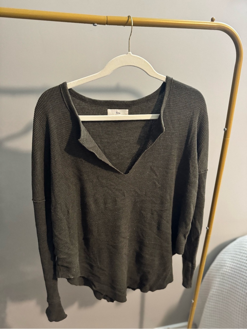 TNA Olive Green Waffle V-Neck Sweater